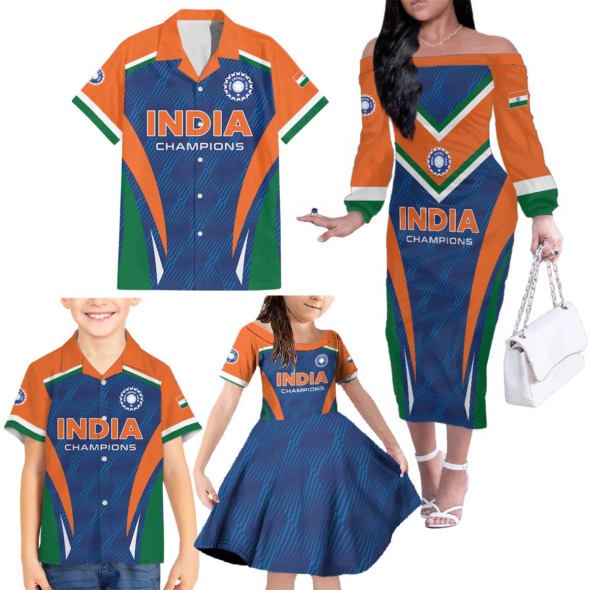 Custom India Cricket Family Matching Off The Shoulder Long Sleeve Dress and Hawaiian Shirt The Men In Blue Champions - Wonder Print Shop