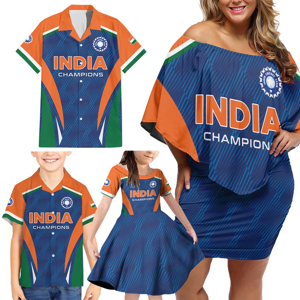 Custom India Cricket Family Matching Off Shoulder Short Dress and Hawaiian Shirt The Men In Blue Champions - Wonder Print Shop