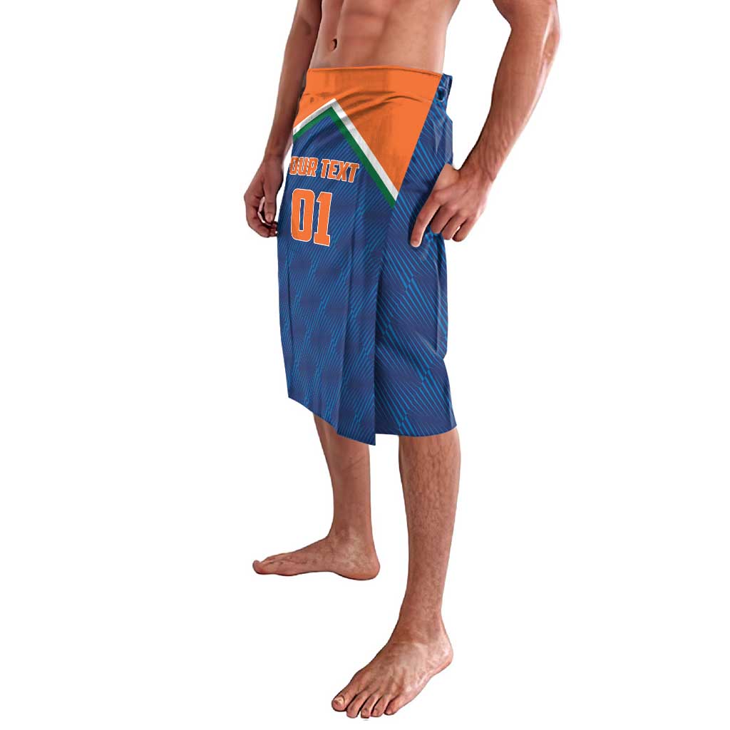 Blue lavalava shorts with orange waistband, diagonal flag graphic and '01' print