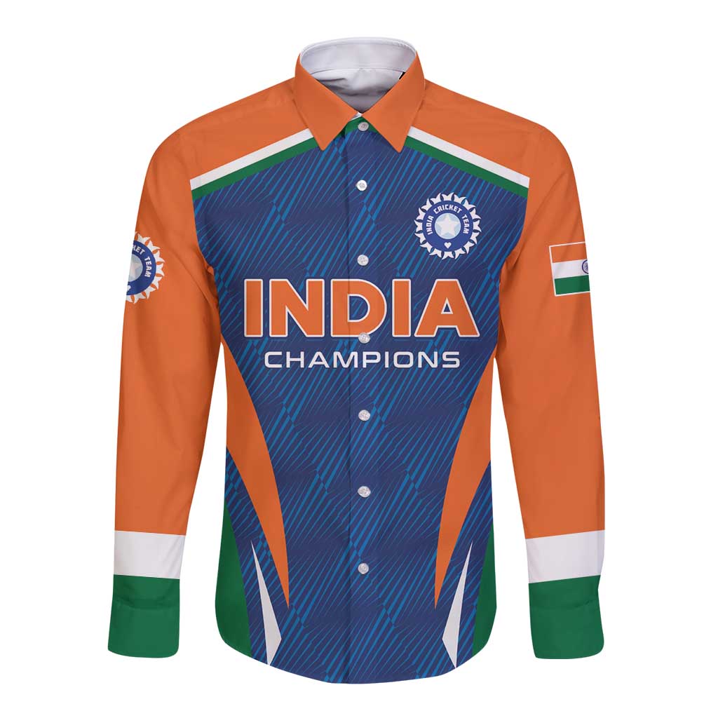 Long-sleeve button cricket shirt with orange sleeves and blue front graphic