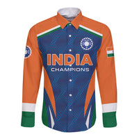Long-sleeve button cricket shirt with orange sleeves and blue front graphic