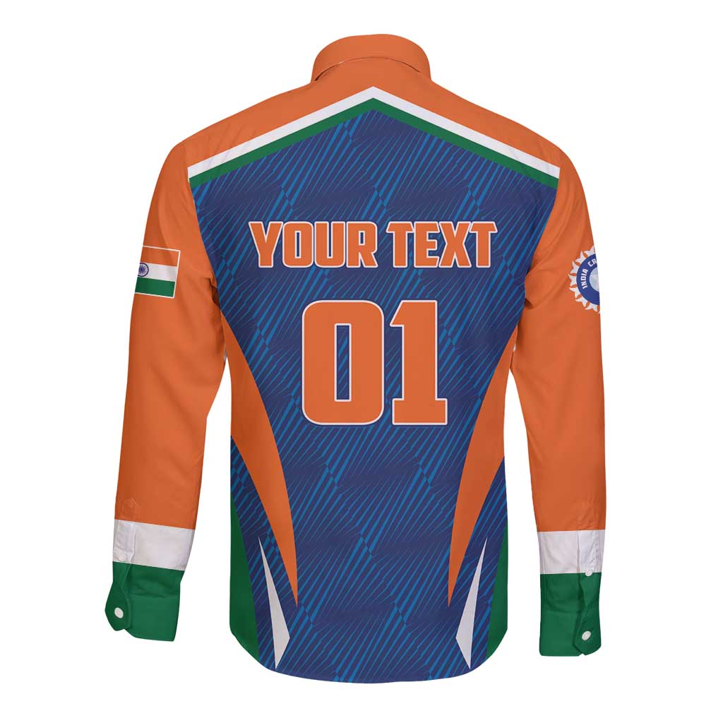 Long-sleeve button cricket shirt back with orange sleeves and blue number graphic