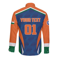 Long-sleeve button cricket shirt back with orange sleeves and blue number graphic