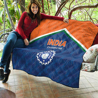 India Champions quilt held on patio, orange-and-blue print with 'INDIA' lettering and emblem.
