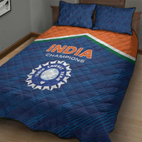 Blue quilt bed set with India Champions logo and large cricket team emblem on quilt