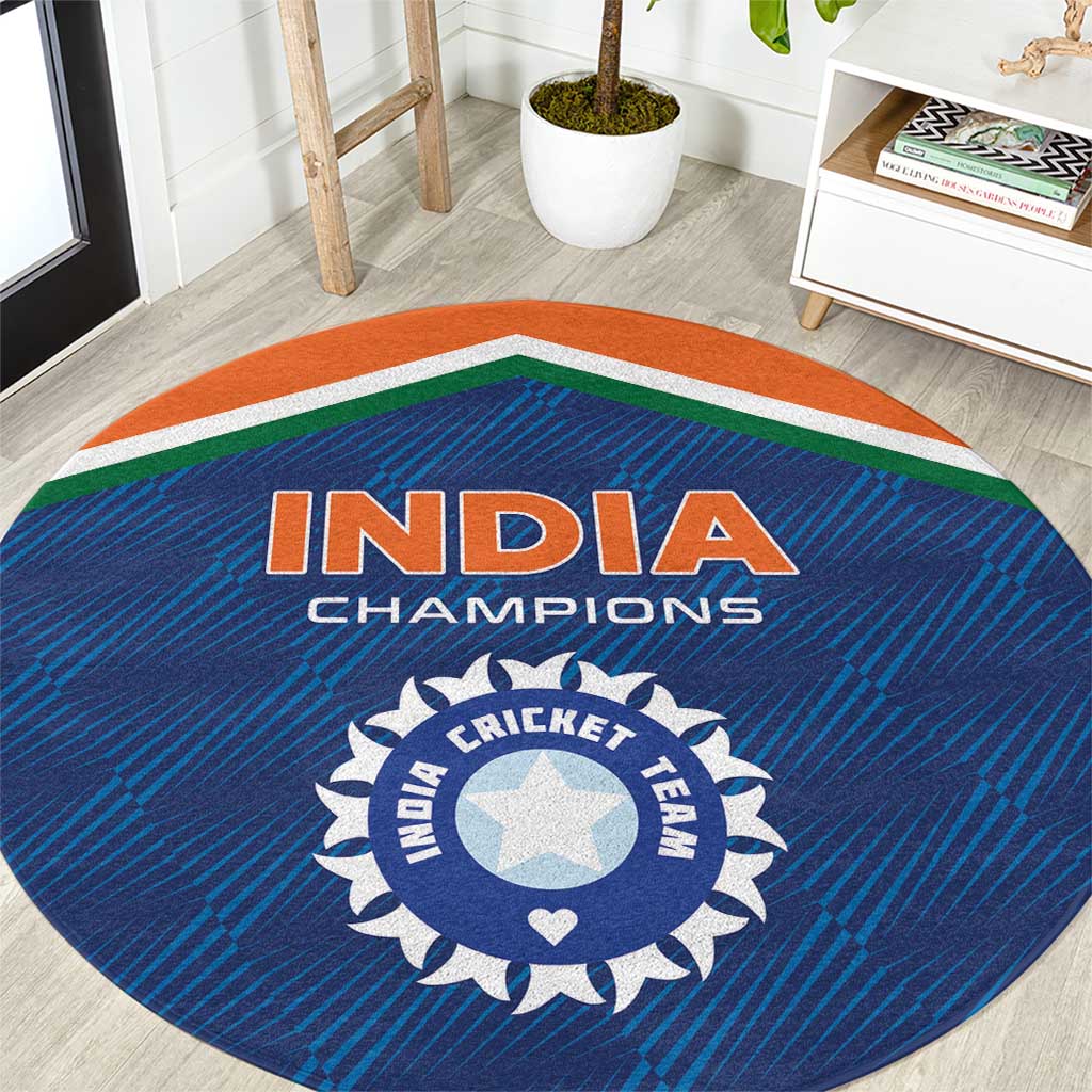 India cricket round carpet, blue with orange border and India Champions graphic in center