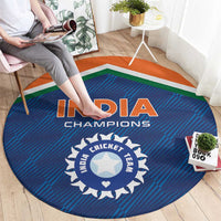 Blue round cricket rug with orange and green stripe border; India Champions logo visible