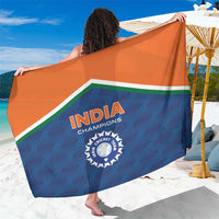 Cricket team sarong with bold blue-and-orange stripes, INDIA text, and circular emblem