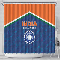 Shower curtain with orange header, India Champions lettering, blue field and cricket team crest