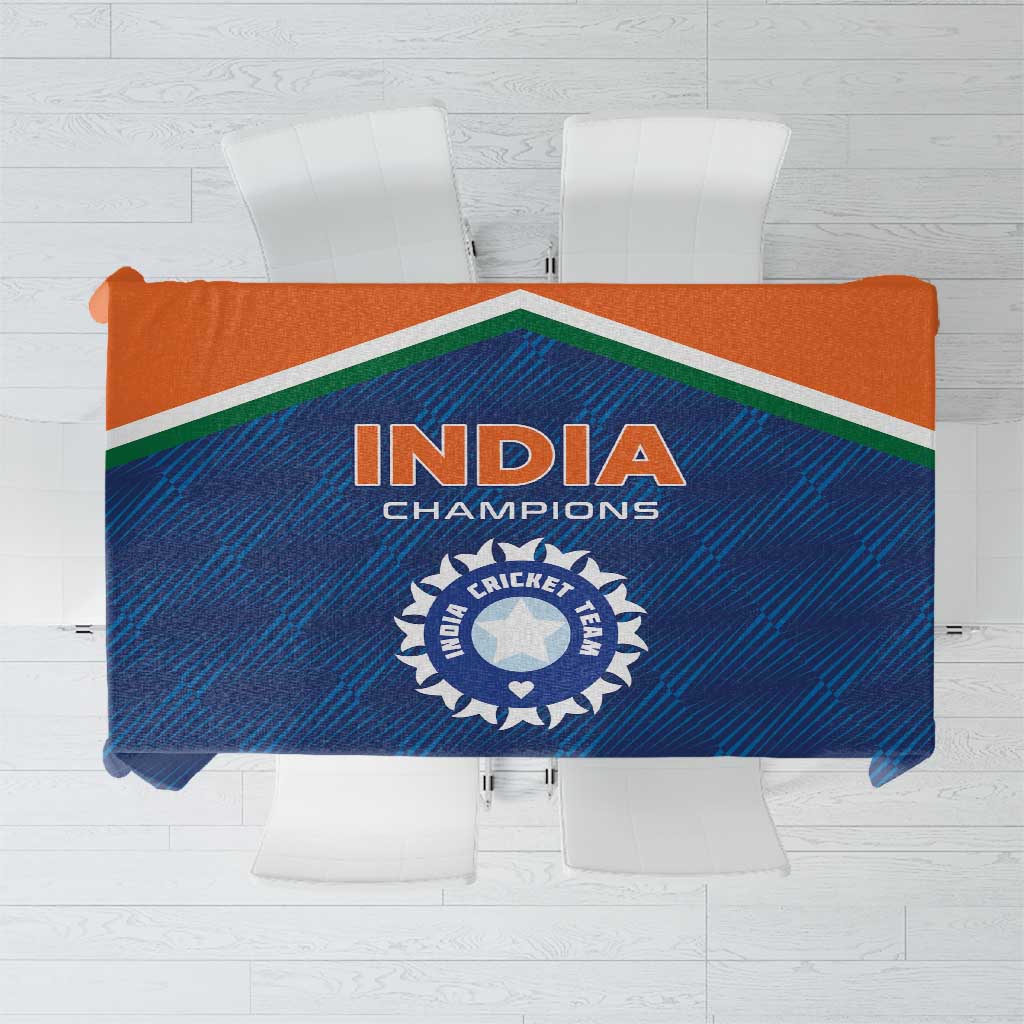 India cricket tablecloth in blue with orange stripe and India Champions logo in center