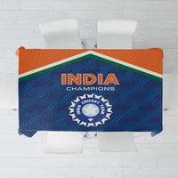 India cricket tablecloth in blue with orange stripe and India Champions logo in center