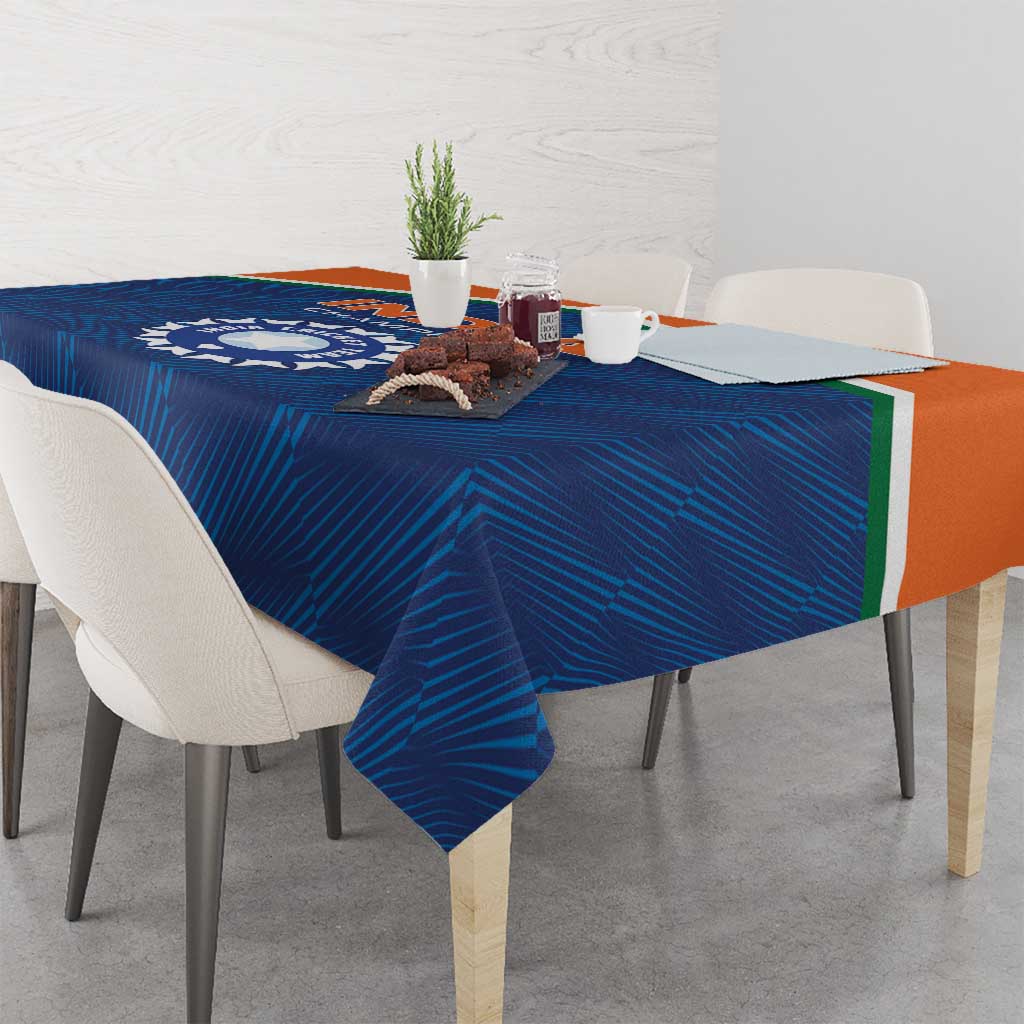 India cricket tablecloth in blue with orange side stripe and central emblem logo