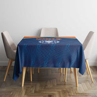 Blue India cricket tablecloth with orange stripe and India Champions text logo