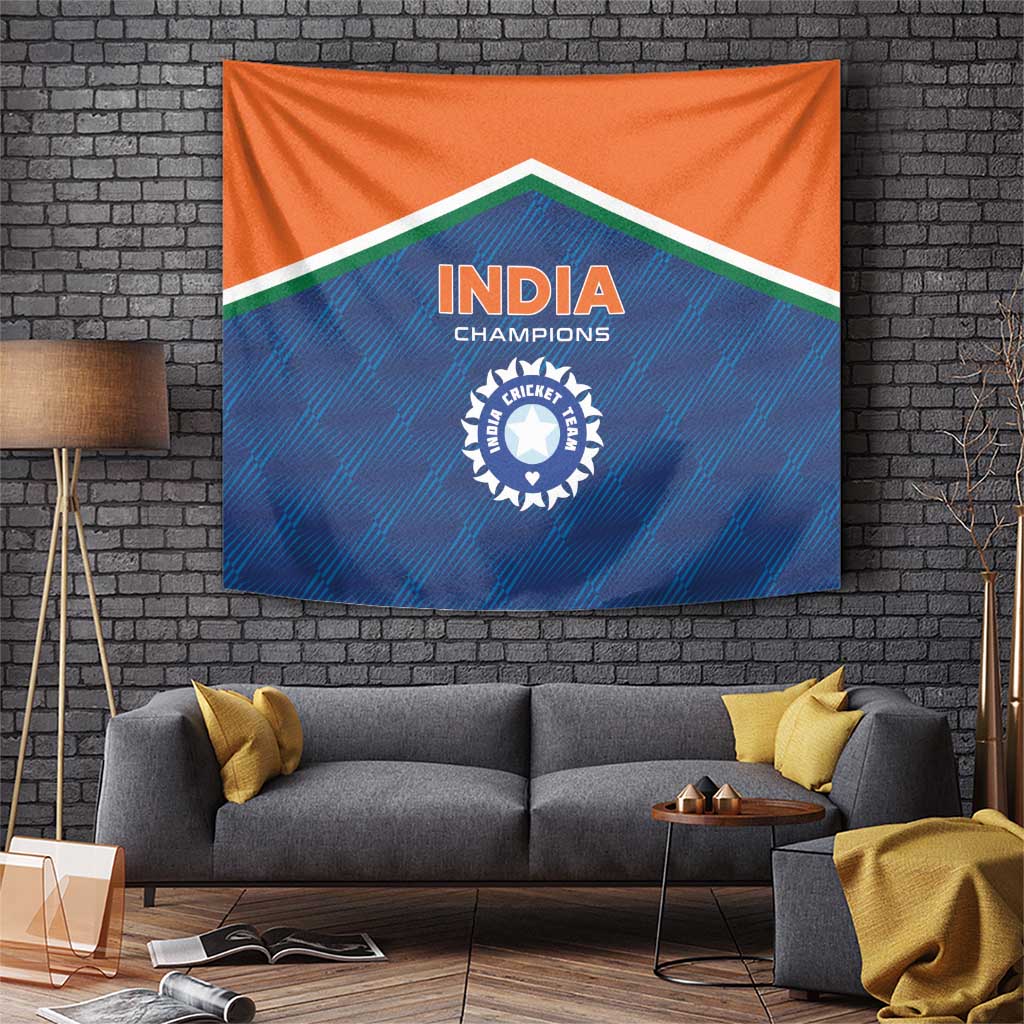 Cricket tapestry with India Champions crest, blue and orange banner design