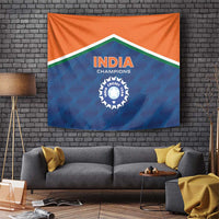 Cricket tapestry with India Champions crest, blue and orange banner design