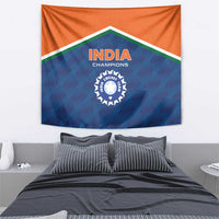 Cricket tapestry hanging above bed, India Champions logo on blue and orange fabric