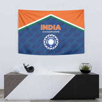 Cricket tapestry wall banner with India Champions text and cricket emblem on blue/orange