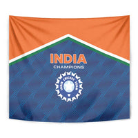 Cricket tapestry banner with India Champions title and cricket emblem on blue/orange
