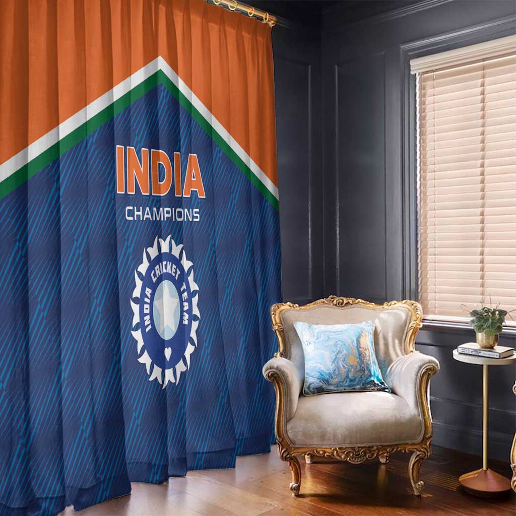 India cricket champions window curtain with orange header, blue graphic, crest and INDIA CHAMPIONS text