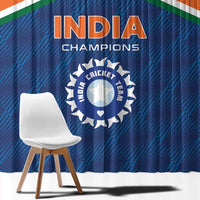 India cricket champions curtain panel, close view of INDIA CHAMPIONS text and circular crest