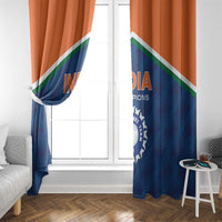 India cricket champions window curtain with orange top and blue lower panel, crest at side