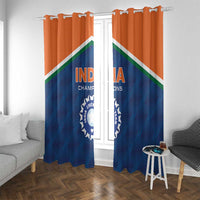 India cricket champions window curtain with orange top, blue panel, diagonal stripe, and crest