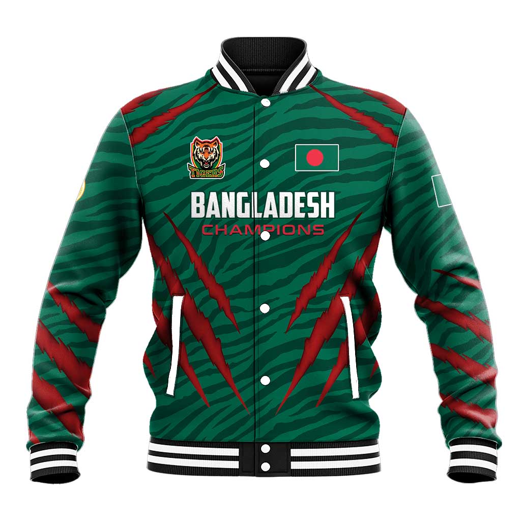 Green cricket baseball jacket with striped pattern, black collar, front Bangladesh Champions emblem