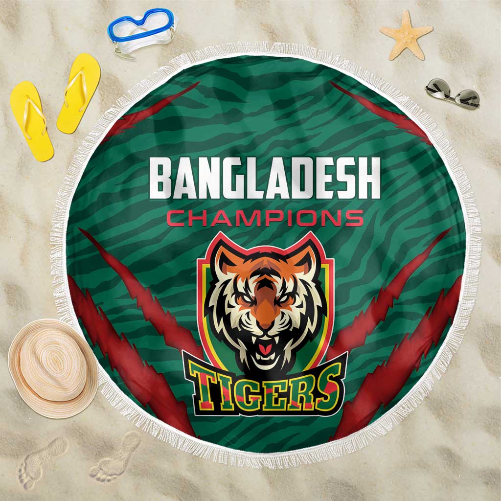 Green Bangladesh cricket beach blanket with Tigers logo, round fringe edge