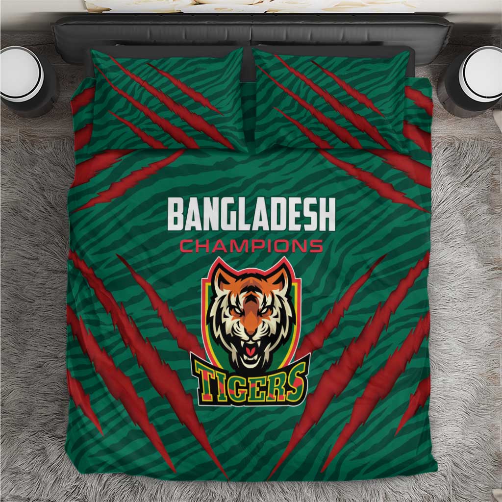 Green bedding set with red diagonal stripes and Bangladesh Tigers crest on duvet front