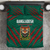 Green bedding set with red diagonal stripes and Bangladesh Tigers crest on duvet front