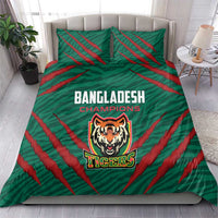 Green bedding set with red stripes, Bangladesh Champions text, Tigers logo on duvet and pillows