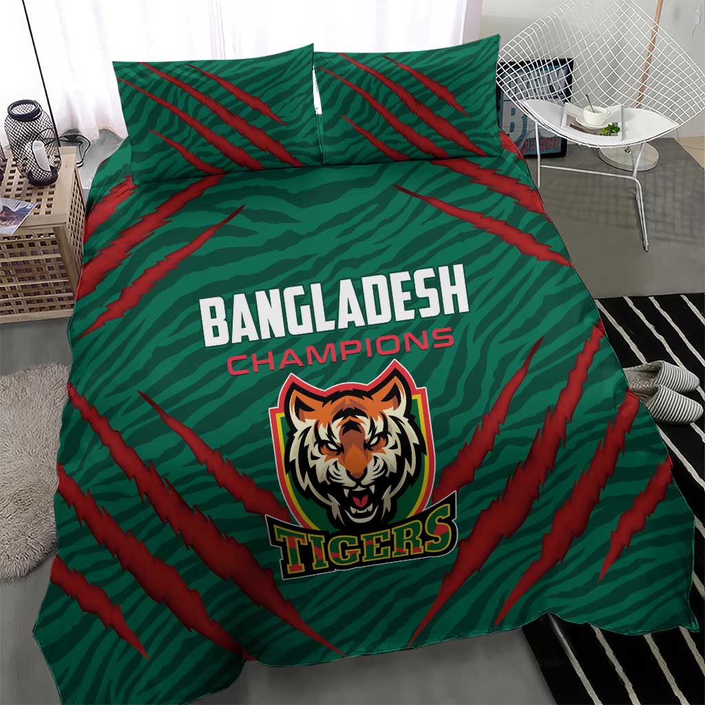Green duvet with red diagonal stripes, Bangladesh Champions text, and Tigers crest in center