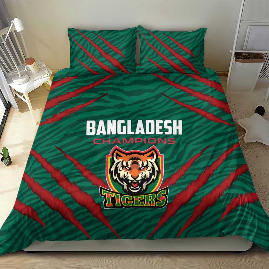 Green bedding set with red striped pattern and Bangladesh Champions Tigers crest on duvet front