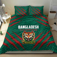 Green bedding set with red striped pattern and Bangladesh Champions Tigers crest on duvet front