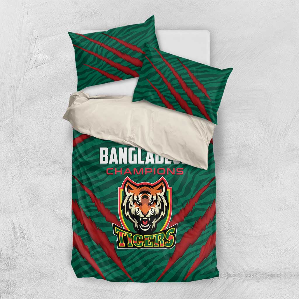 Green bedding set flat lay with red diagonal stripes, Bangladesh Champions, and Tigers logo