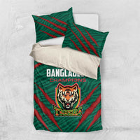 Green bedding set flat lay with red diagonal stripes, Bangladesh Champions, and Tigers logo