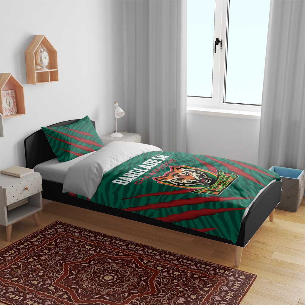 Green bedding set on bed with red stripes and Bangladesh Champions Tigers crest on duvet