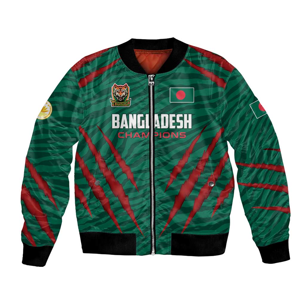 Green bomber jacket with full zip, black rib trim, Bangladesh Champions front graphic