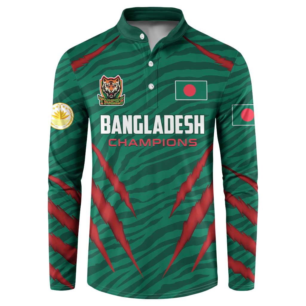 Dark green button-up cricket sweatshirt with long sleeves and red graphic accents