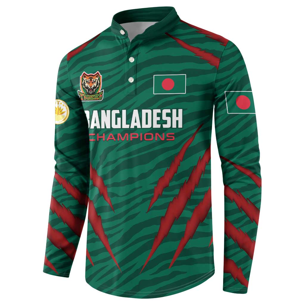 Dark green button-up cricket sweatshirt with Bangladesh Champions front and red stripe graphics