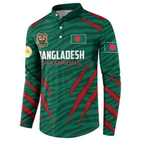 Dark green button-up cricket sweatshirt with Bangladesh Champions front and red stripe graphics