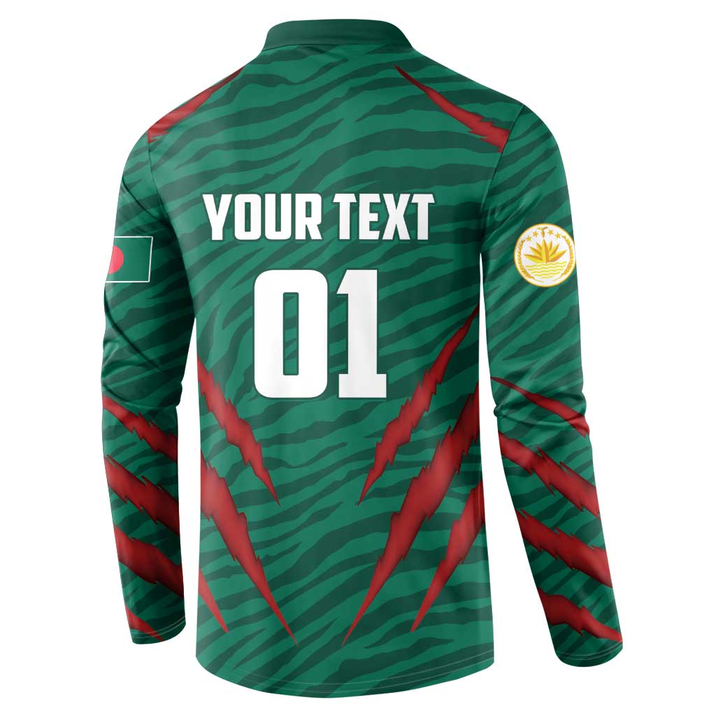 Back view dark green button-up sweatshirt with YOUR TEXT 01 graphic and red stripe accents