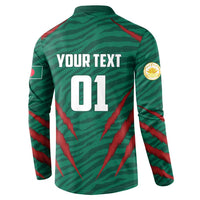 Back view dark green button-up sweatshirt with YOUR TEXT 01 graphic and red stripe accents