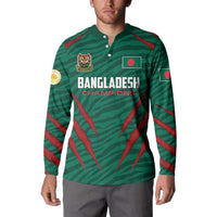 Dark green cricket button-up sweatshirt with Bangladesh Champions chest print and red accents