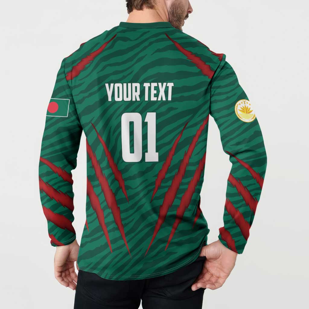 Back view dark green button-up sweatshirt with YOUR TEXT 01 and red stripe sleeves