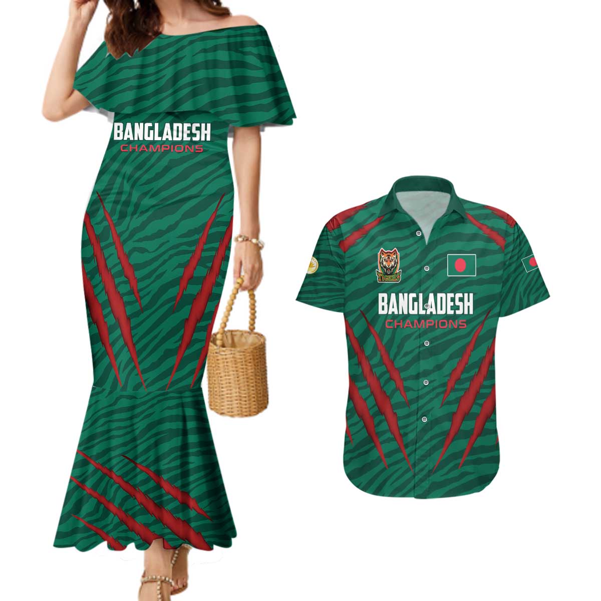 Custom Bangladesh Cricket Couples Matching Mermaid Dress and Hawaiian Shirt The Tigers Go Champions - Wonder Print Shop