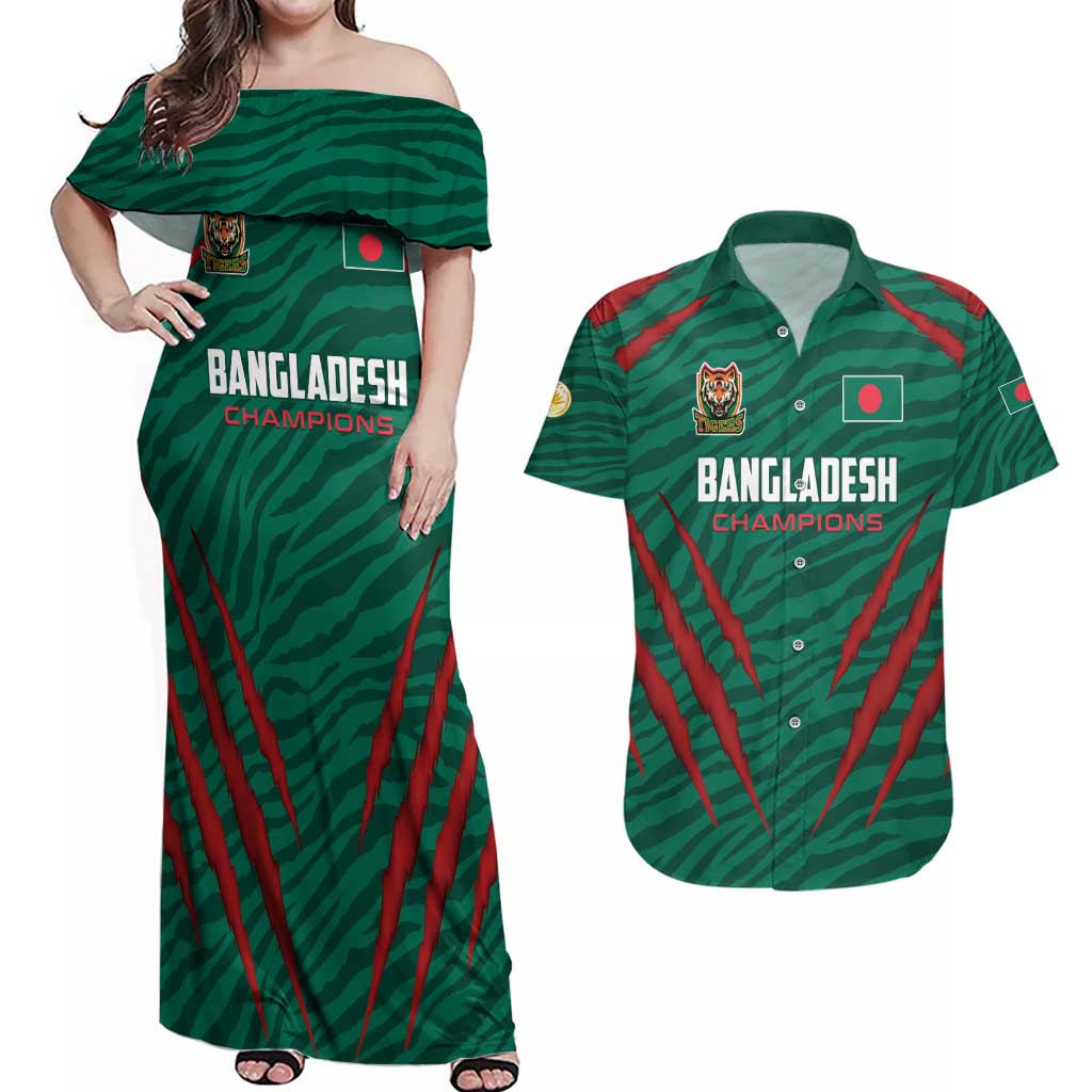 Custom Bangladesh Cricket Couples Matching Off Shoulder Maxi Dress and Hawaiian Shirt The Tigers Go Champions - Wonder Print Shop