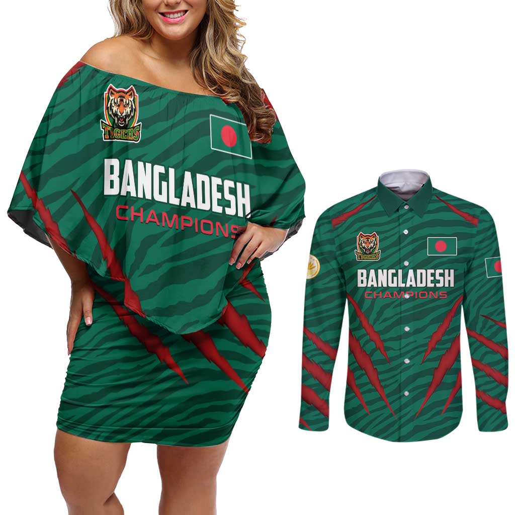 Custom Bangladesh Cricket Couples Matching Off Shoulder Short Dress and Long Sleeve Button Shirt The Tigers Go Champions - Wonder Print Shop