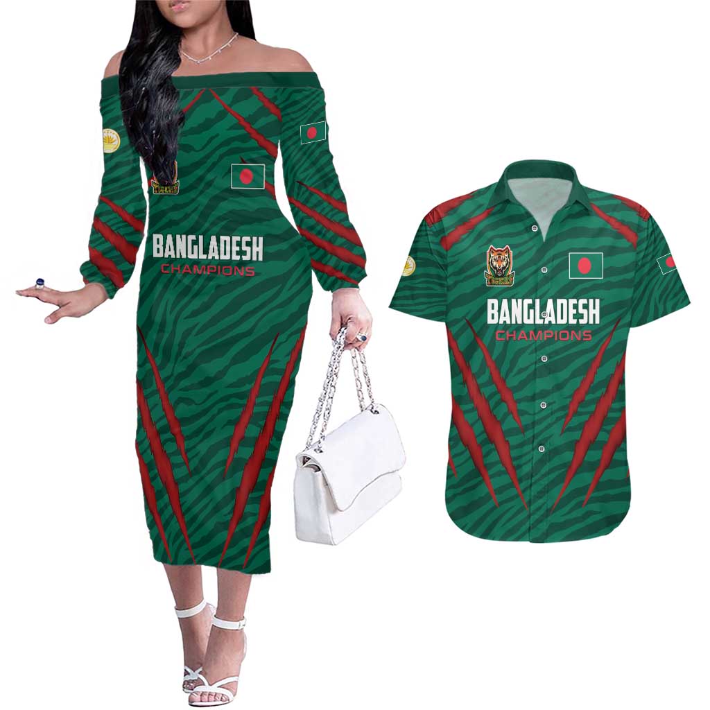 Custom Bangladesh Cricket Couples Matching Off The Shoulder Long Sleeve Dress and Hawaiian Shirt The Tigers Go Champions - Wonder Print Shop