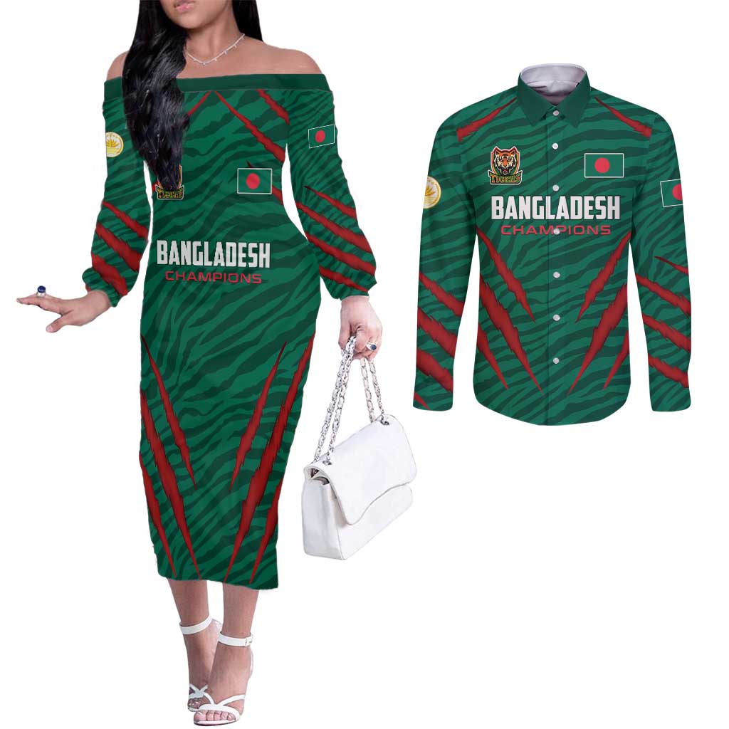 Custom Bangladesh Cricket Couples Matching Off The Shoulder Long Sleeve Dress and Long Sleeve Button Shirt The Tigers Go Champions